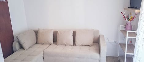 A living room with a sofa, a television, and a wall-mounted shelf with a vase.