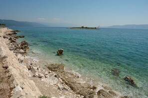 A rocky shoreline with clear turquoise water, a distant island, and a clear sky.