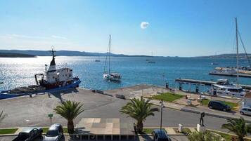 A marina with boats, a dock, and a parking area with cars and palm trees.