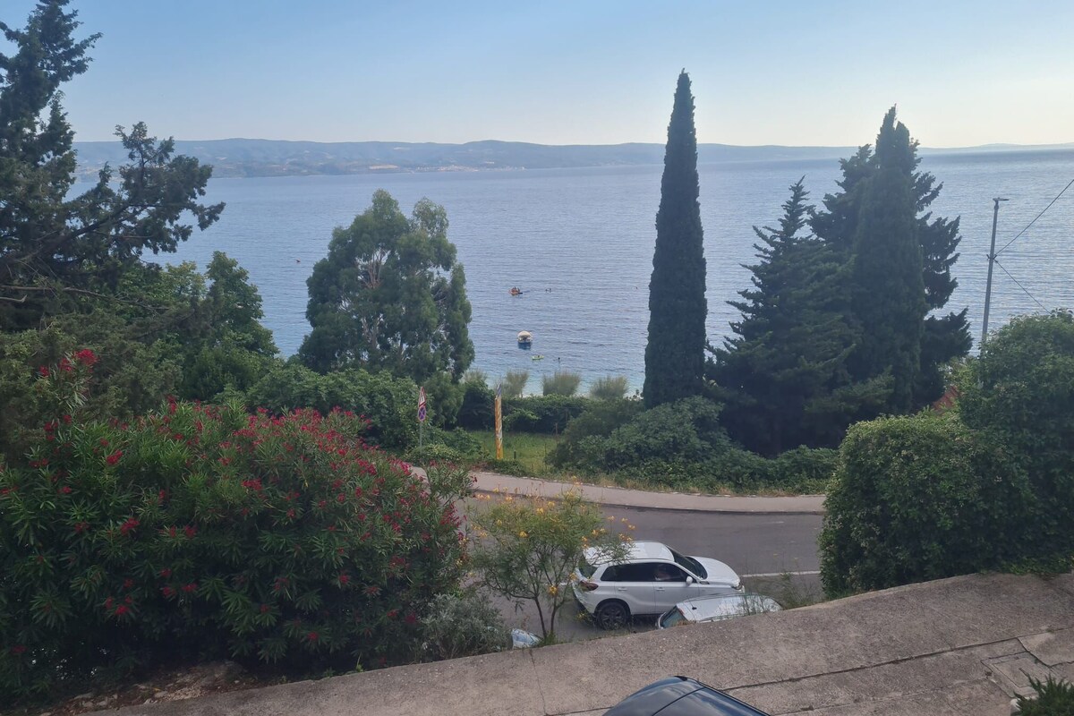 A coastal view with a road, parked cars, and a clear sky.