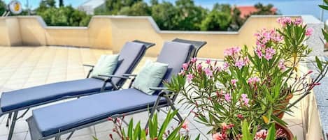 A rooftop terrace with lounge chairs and potted plants.