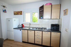 A compact kitchen with a dishwasher, a stove, a sink, and wooden cabinets. - Apartment Nikol (Crikvenica)