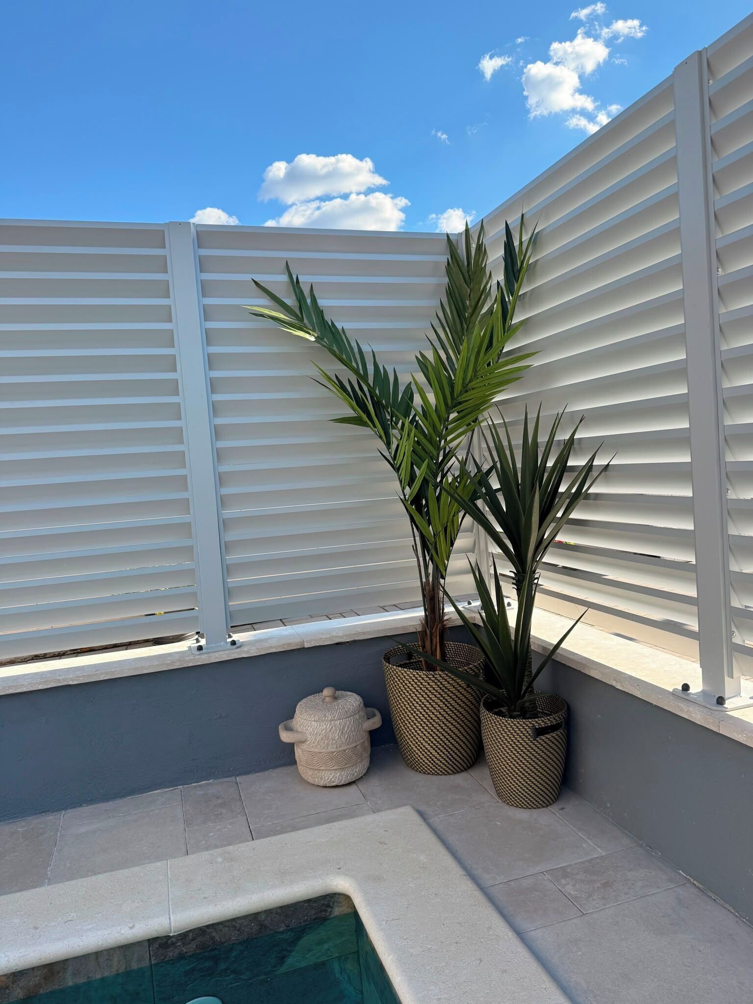 Una terrassa al terrat amb una piscina, plantes en testos i una urna decorativa.