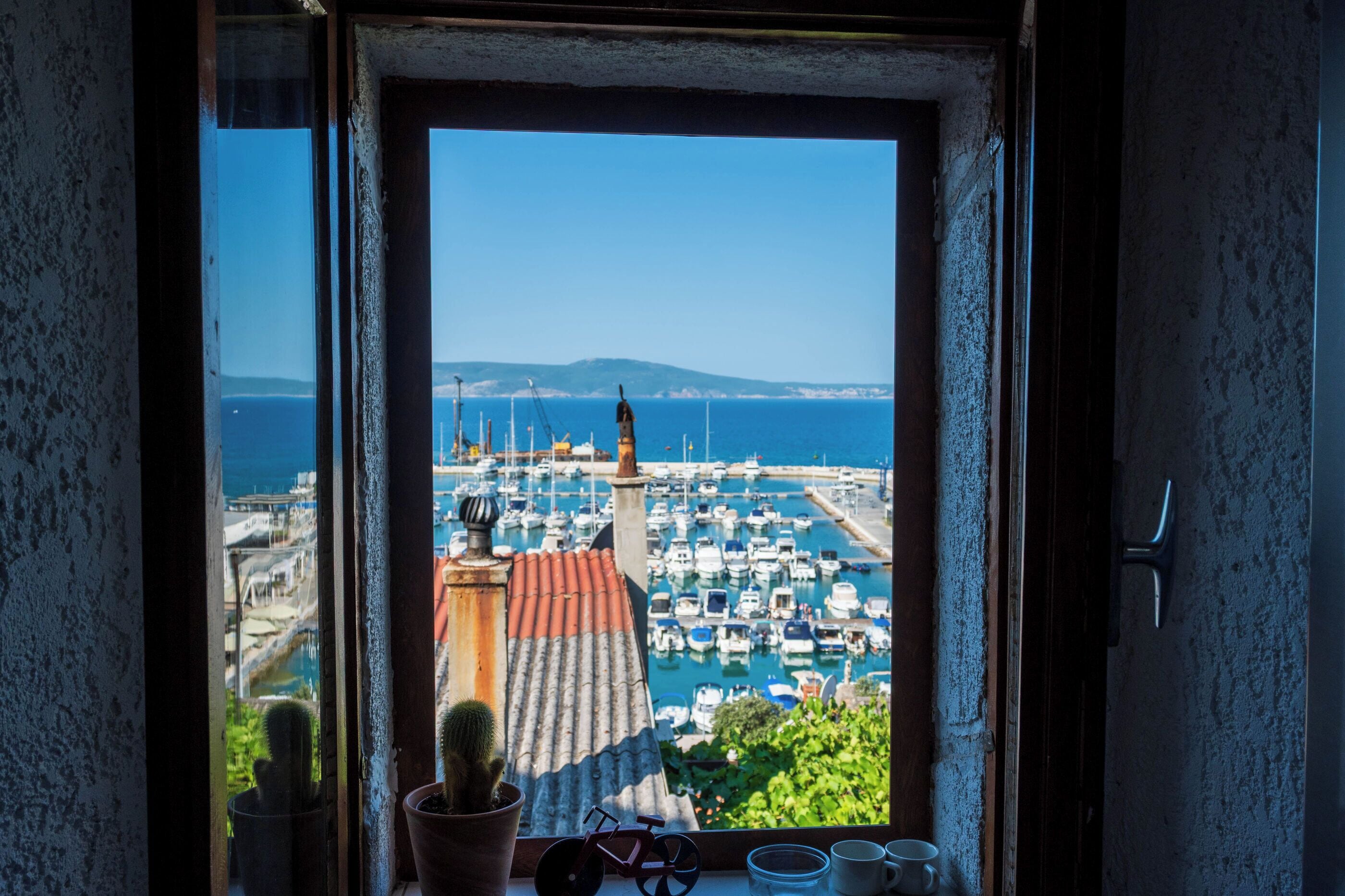 A window view of a marina with boats, a clear sky, and a cactus plant on the windowsill.