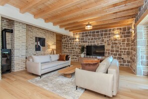 Ein gemütliches Wohnzimmer mit Steinwand, Holzbalkendecke, Kamin, Sofa, Couchtisch und Fernseher.