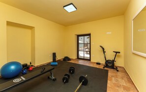 Ein Fitnessraum mit Trainingsgeräten, einem großen Balanceball und einem Fenster mit Blick.