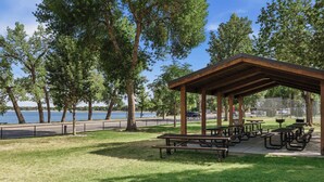 Un parque con mesas de picnic y un pabellón cubierto que da vista a un cuerpo de agua.