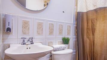 Shower, towels, soap, toilet paper