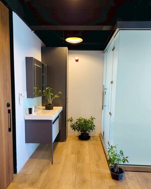 Un baño moderno con suelo de madera, un lavamanos blanco, un espejo y un armario. Hay dos plantas en macetas y un aplique de techo.