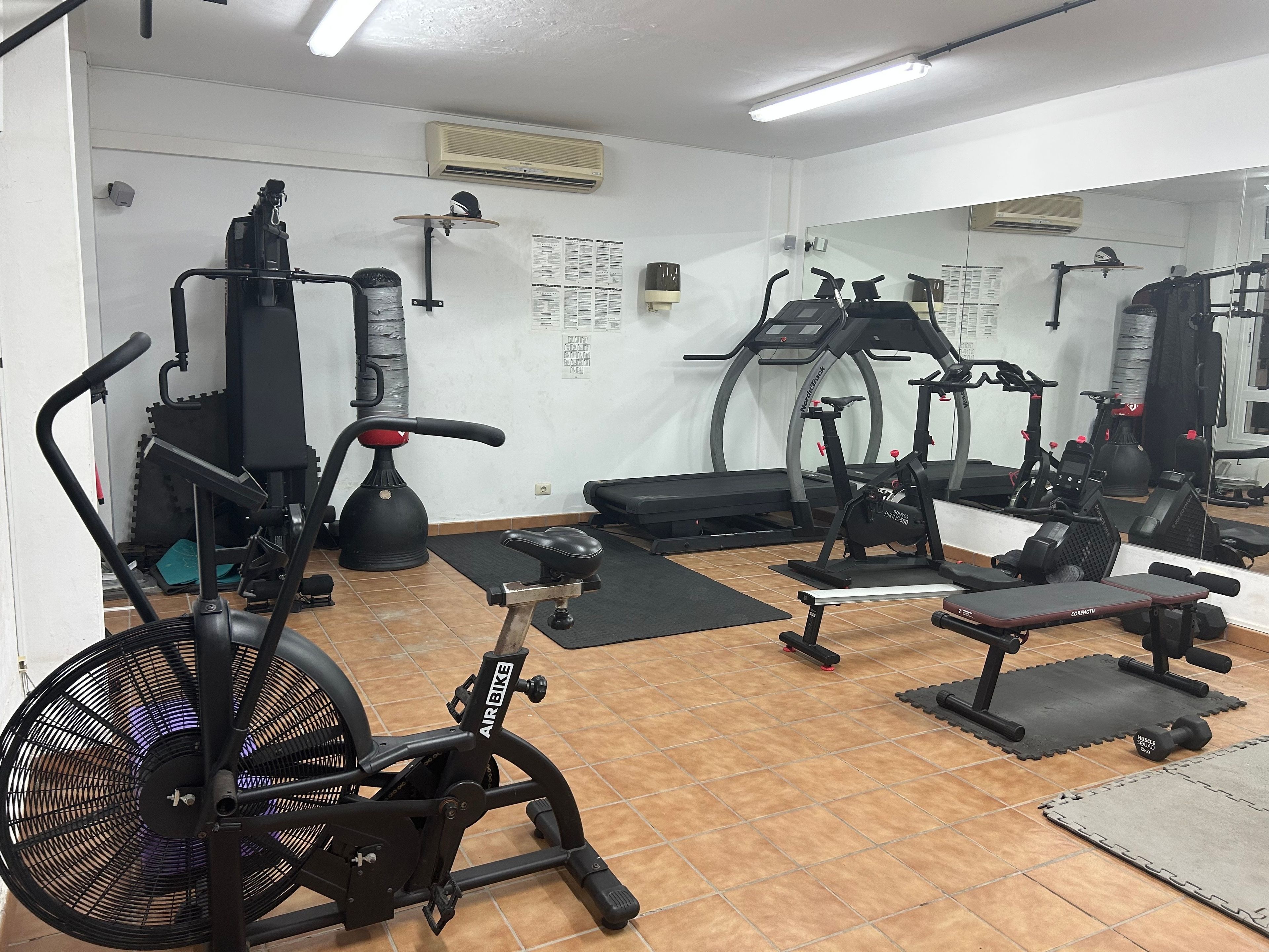 A gym with exercise equipment, a fan, and a mirror.