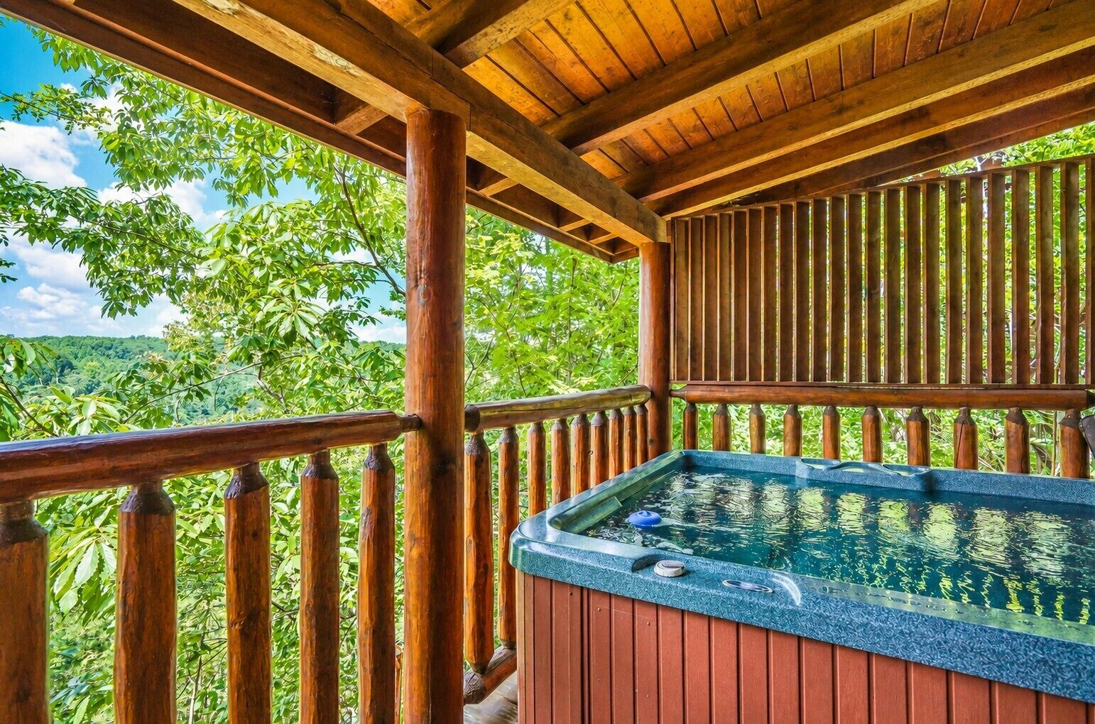 Une terrasse en bois avec un jacuzzi, entourée d’une végétation luxuriante et sous un ciel dégagé.