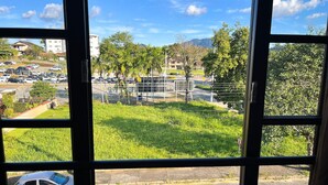 Vista a través de una ventana de múltiples paneles, mostrando un estacionamiento con varios automóviles, una zona ajardinada y edificios al fondo.