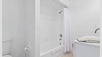 Hair dryer, towels, soap, toilet paper
