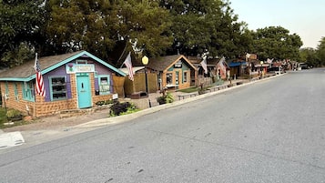 A street with small shops, including one with a sign 'The Purple Thistle.'