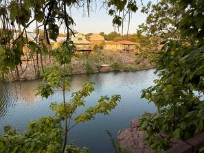 Un lago con edifici sullo sfondo, immerso nel verde.