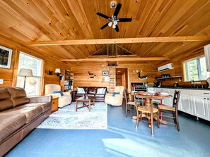 Living area - Incredible Cabin and Cozy Bell Tent by the Lake for a Unique Family Glamping Experience in Eastbrook, Maine (Eastbrook)