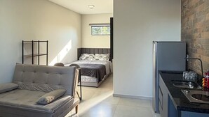 Um apartamento moderno com sala de estar, um quarto e uma cozinha.