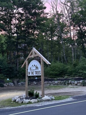 A wooden sign with the text 'IN THE TREES' and a mountain graphic, indicating a mountain-related attraction.