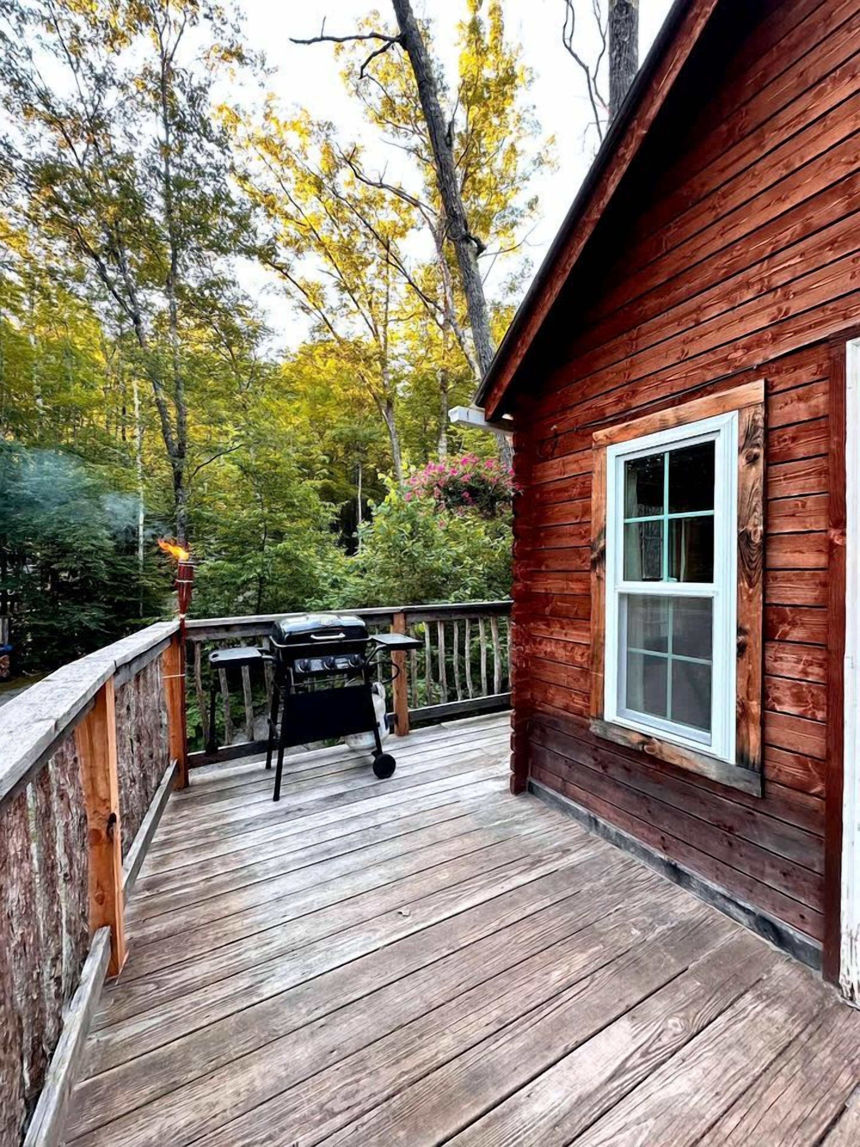 Une terrasse en bois avec un barbecue, entourée d’arbres aux feuilles d’automne.