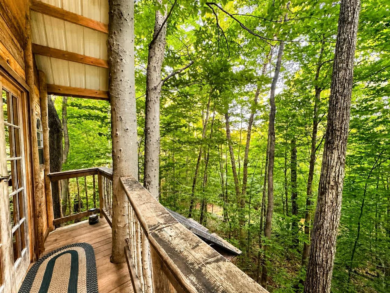 A wooden deck with a view of a forest.