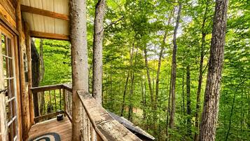 A wooden deck with a view of a forest.