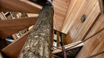 A spiral staircase with a wooden handrail and a tree trunk in the center.