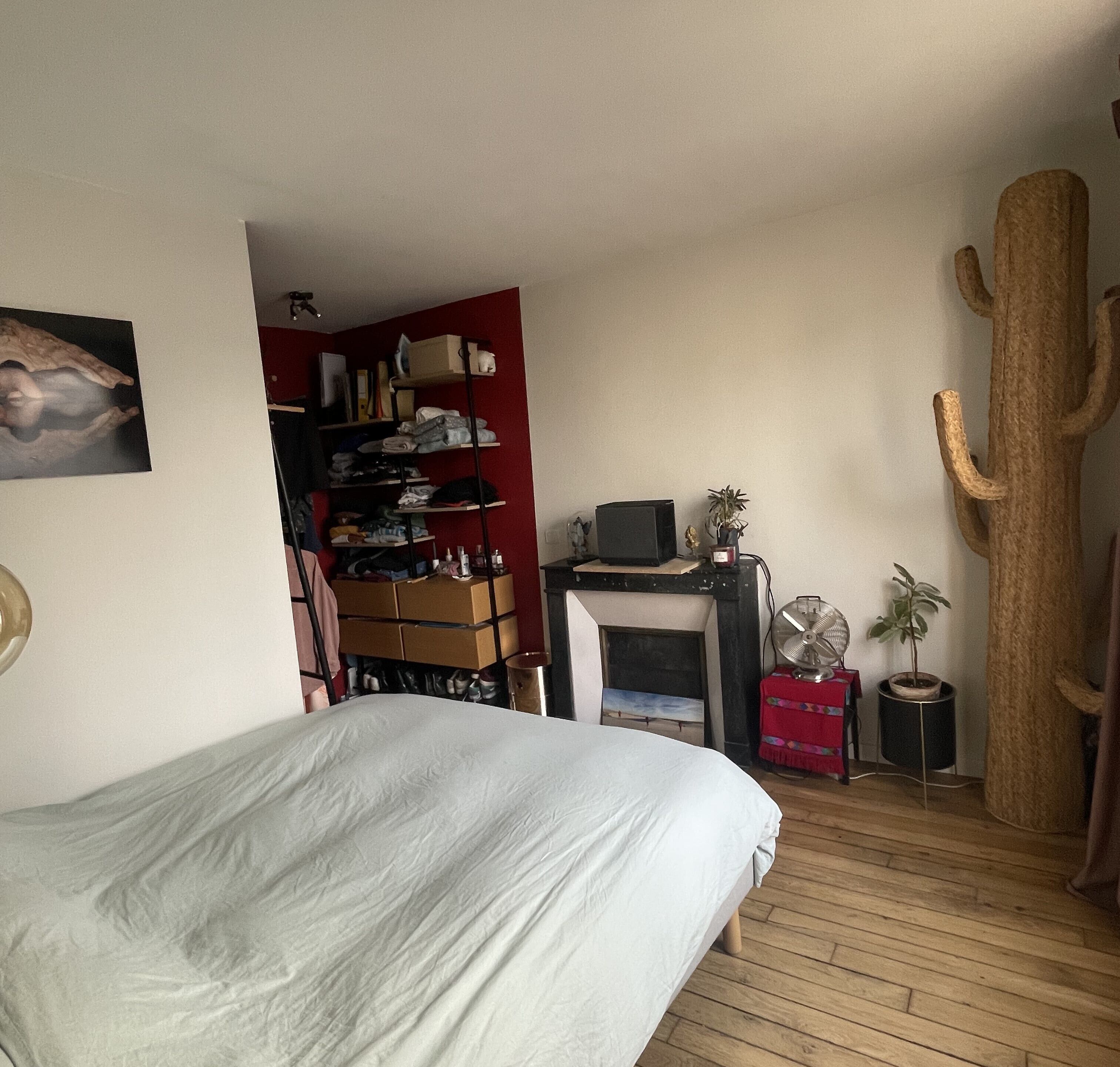 A bedroom with a bed, a red wall, a wooden floor, a fireplace, a cactus, and a bookshelf.