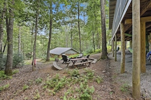A rustic outdoor seating area with a fire pit and picnic table, surrounded by trees. - Peace of Aska - Hot Tub (Blue Ridge)