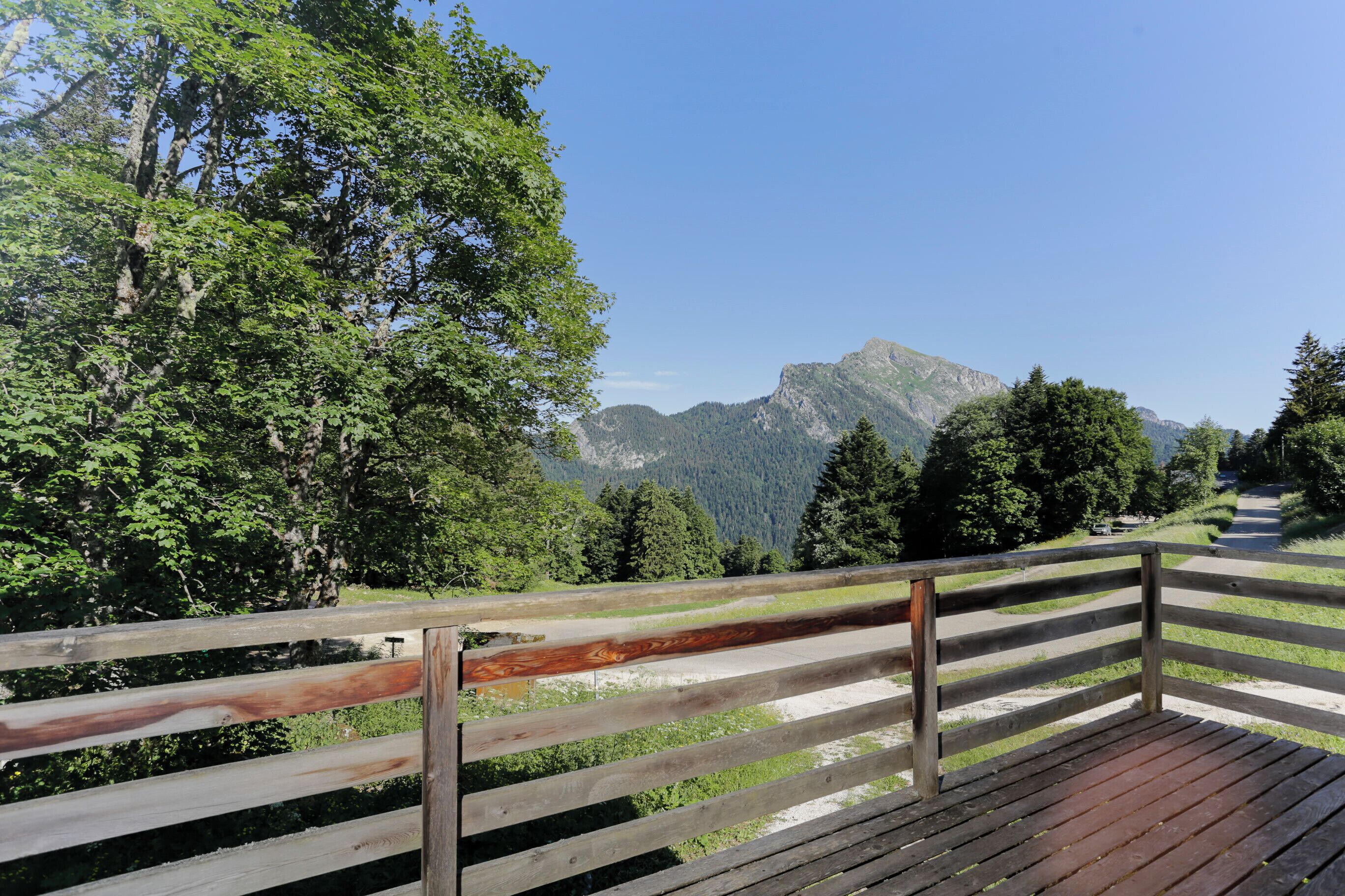 A wooden deck with a metal railing overlooking a mountainous landscape.