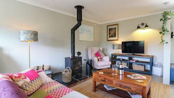 A cozy living room with a sofa, a coffee table, a television, and a fireplace.