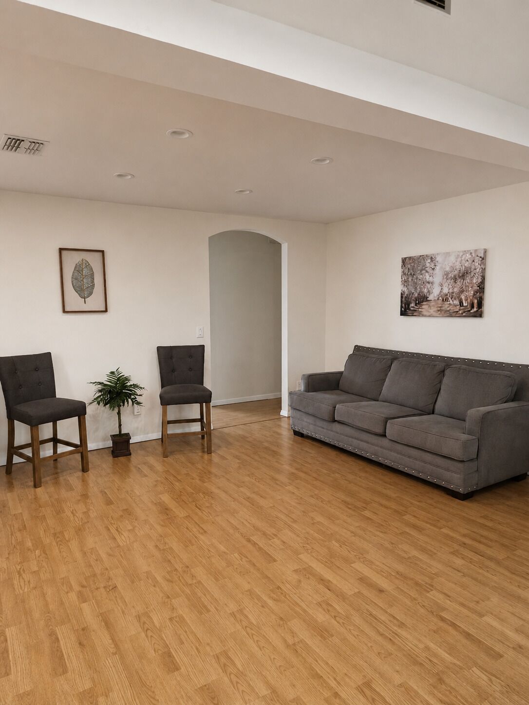 A modern living room with a grey sofa, two chairs, a small plant, and artwork on the walls.