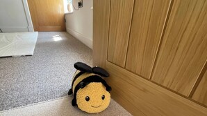 Un peluche con forma de abeja sobre un suelo alfombrado cerca de una puerta de madera.
