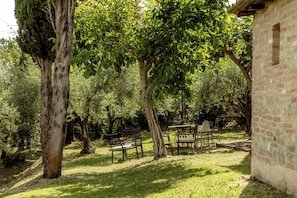 A garden with a brick wall, a wooden table, and two chairs. - AGRITURISMO QUARANTALLINA (Buonconvento)