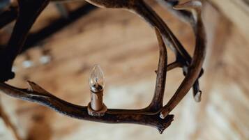 A close-up of a metal chandelier with a single bulb.