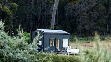 A small, dark-colored cabin with a solar panel roof, surrounded by dense forest.