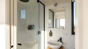 A modern bathroom with a glass shower enclosure, a white sink, and a mirror above it.
