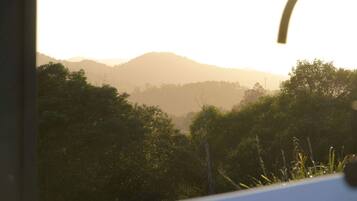 A view of a mountainous landscape with dense vegetation and a clear sky.