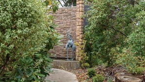 A garden area with a stone wall, a metal sculpture, and various plants. - Impressive Moroccan Style Vacation Rental with Spa Bath in Daylesford, Victoria (Daylesford)