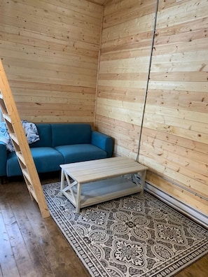 A room with wooden walls, a blue sofa, a wooden coffee table, and a patterned rug.