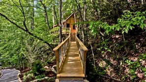 A wooden bridge leading to a cabin in a forested area. - Incredible, Cozy Tree House in Gatlinburg, Tennessee (Gatlinburg)