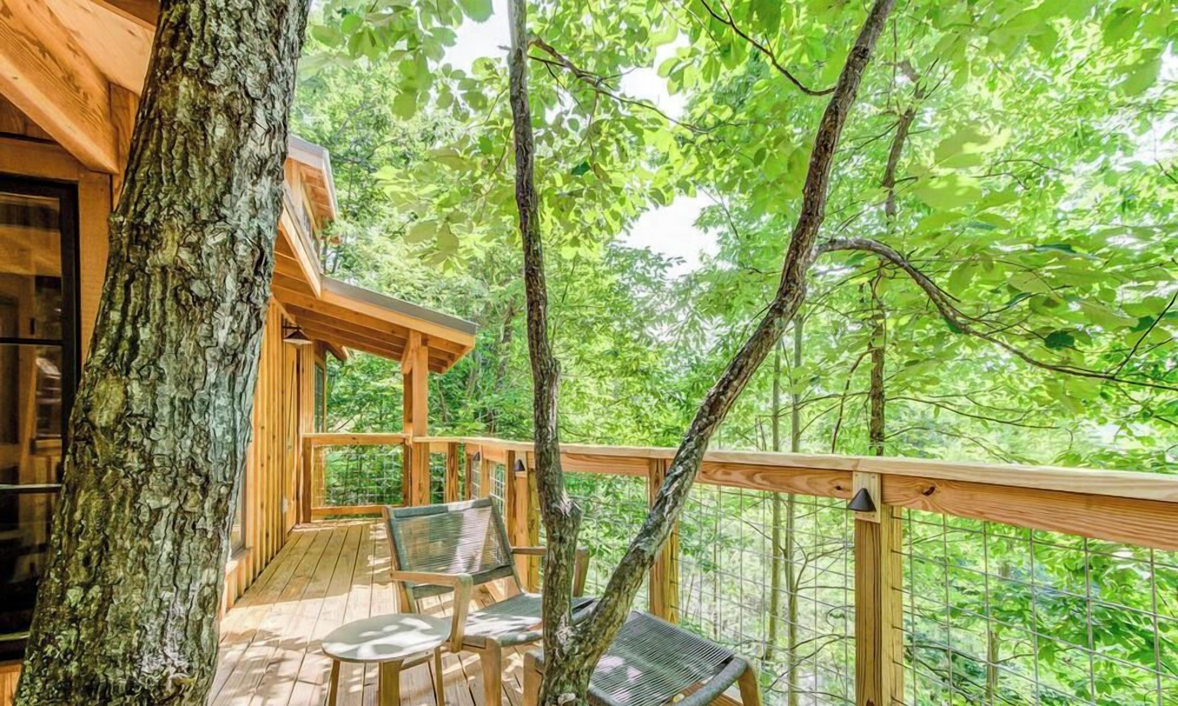 A wooden deck with a table and chairs, surrounded by trees.