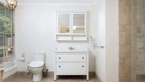 Une salle de bain avec un meuble-lavabo blanc, des toilettes et un espace douche.