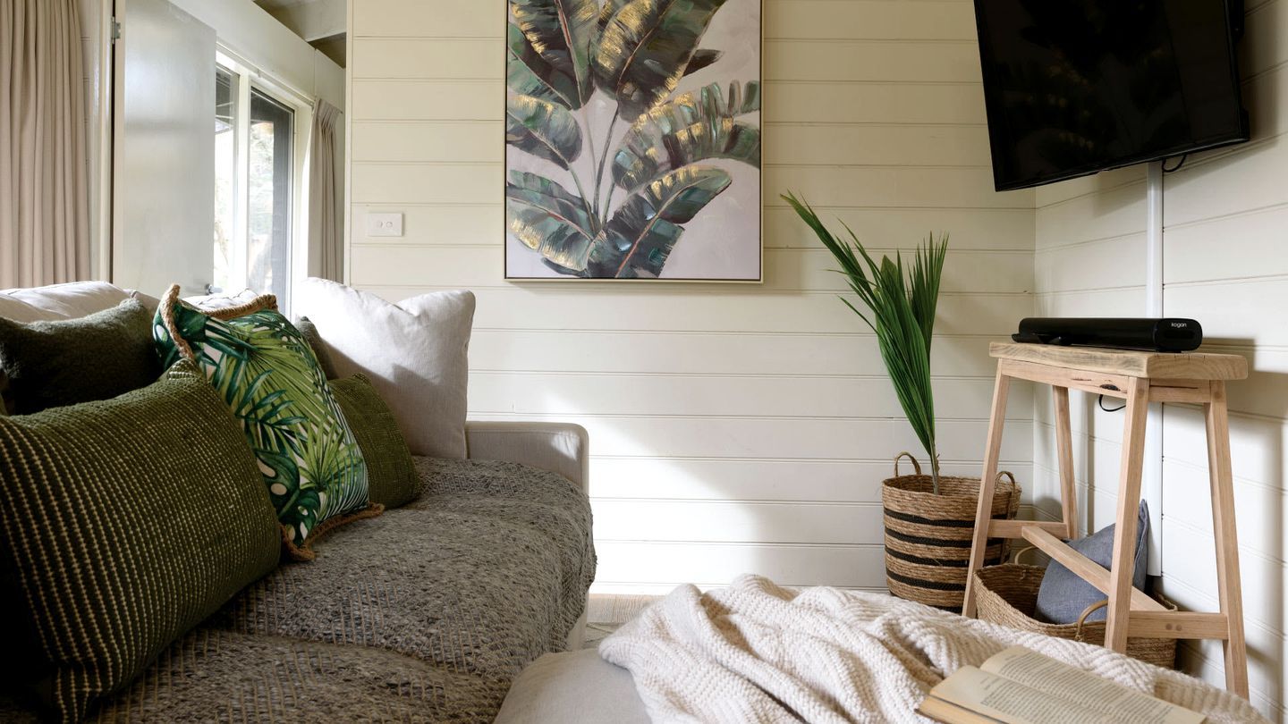A cozy living room with a sofa, cushions, a plant, a television, and a wooden side table.