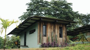 Een laag gebouw met een schuin dak, houten bekleding en een klein terras.