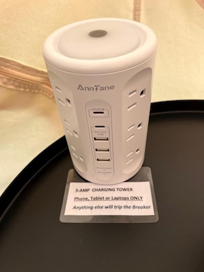 Une borne de recharge de 5 ampères, conçue uniquement pour les téléphones, les tablettes ou les ordinateurs portables, avec un avertissement indiquant que le branchement d’autres appareils entraînera le déclenchement du disjoncteur.