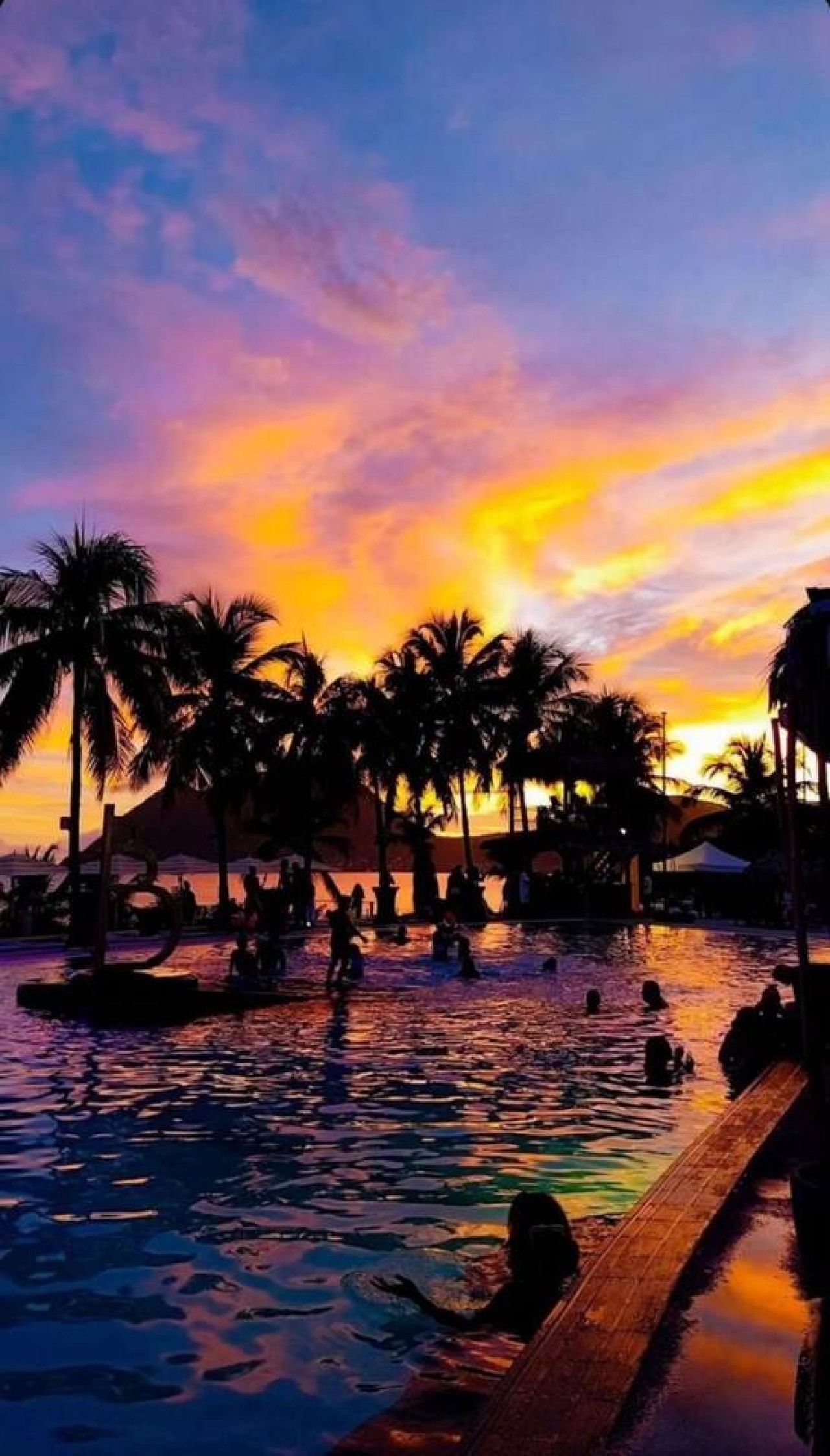 Zwembad met palmbomen en een zonsondergang.