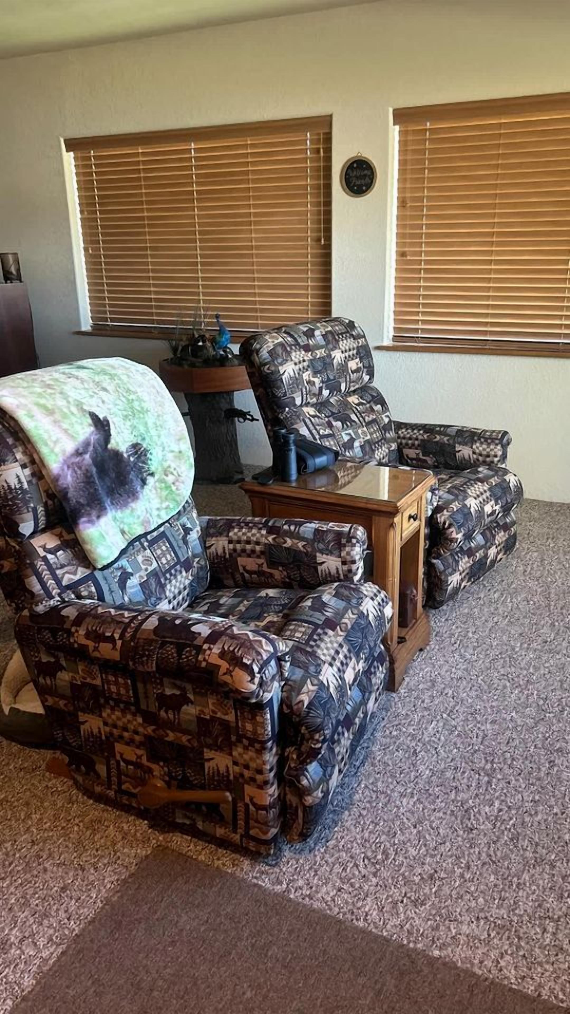 A living room with patterned furniture, a coffee table, and two windows with blinds.