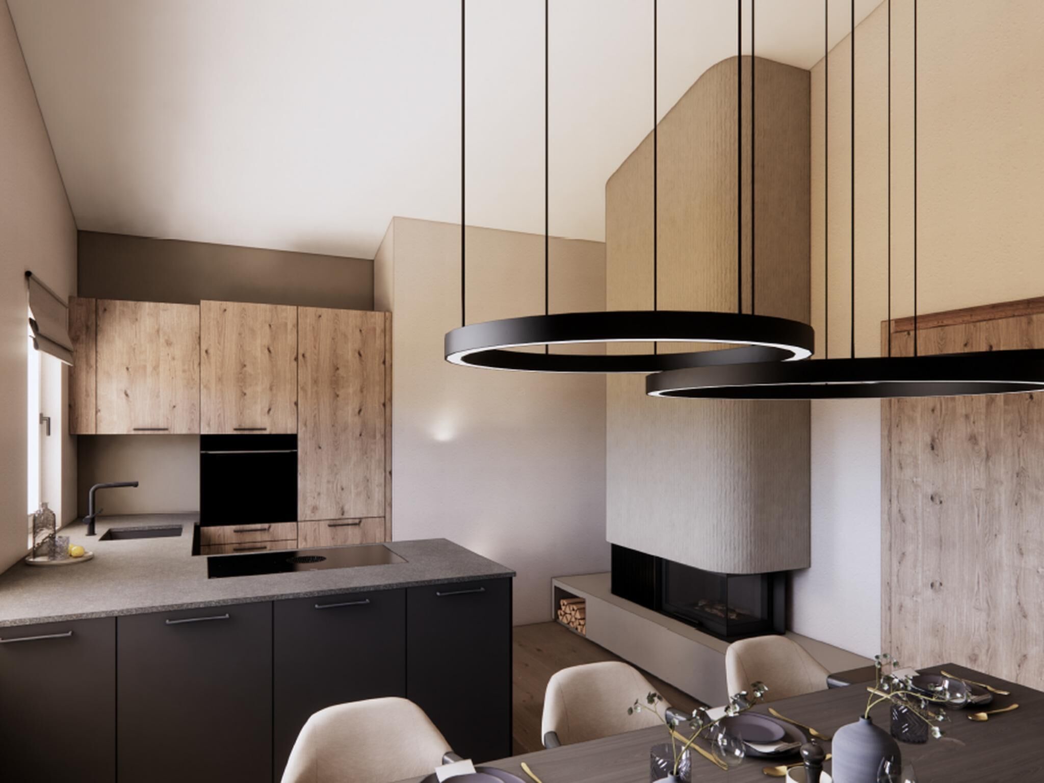 A modern kitchen with wooden cabinets, a central island, and a dining area with a table set for two.