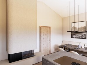 Ein modernes Interieur mit Kamin, Essbereich und Wandbild.