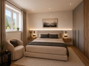 Ein modernes Schlafzimmer mit einem großen Bett, Nachttischen, einem Sessel und einem Fenster mit Vorhängen.